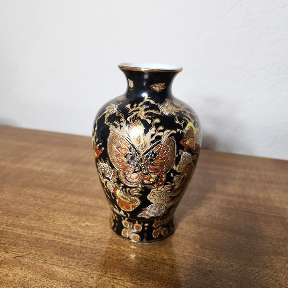 Tri Ever Other - Vintage Elegant Hand Painted Floral Porcelain Vase Black and Gold 5 1/2"